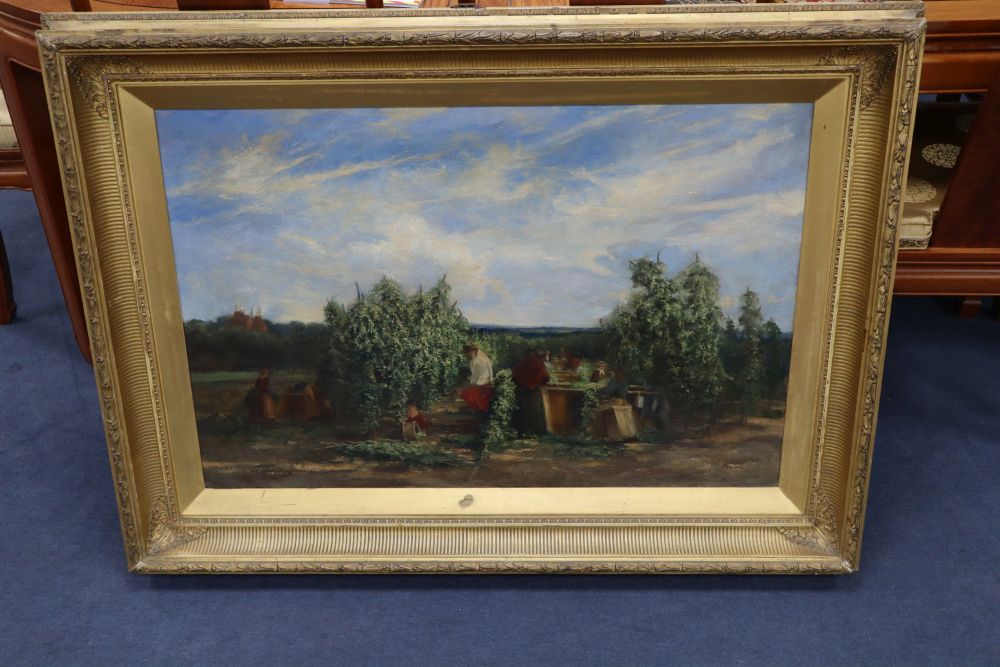M* Neve (19th/20th century), oil on canvas, Hop-picking at Pickhill Farm, Smallhythe and Tenterden, 60cm x 90cm
